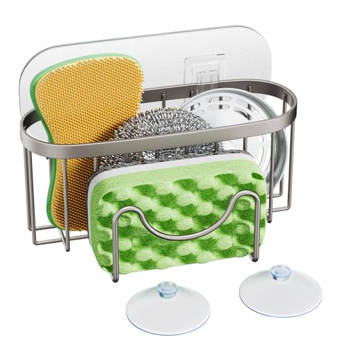 HapiRm Multifunctional Sink Sponge Holder with Unique M-shaped, Two Installation Ways Tidy Caddy, Stainless Steel Sink organizer for Sponge, Brush, Stopper and Scraper -Brushed Nickel