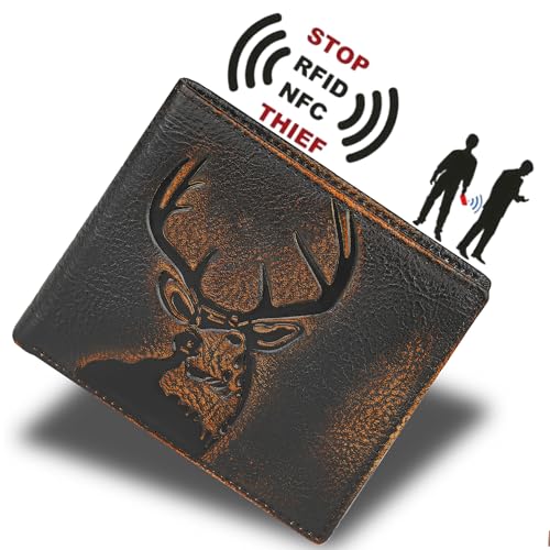Real Leather Wallet for Men RFID Blocking Bifold 12 Card Slots 2 ID Windows Full Grain Vintage Coffee (black brown with deer)4