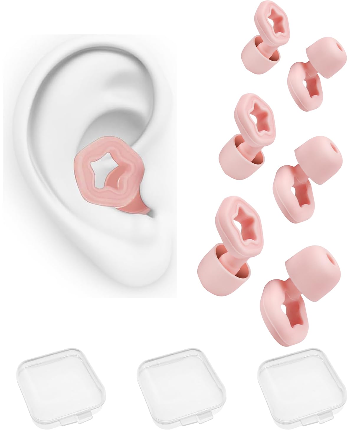 3 Pairs Ear Plugs for Noise Cancellation, Ear Plugs for Sleeping, Noise Earbuds, Earplugs, Reusable Hearing Protection in Flexible Silicone for Noise Reduction & Flights (Pink, Medium)