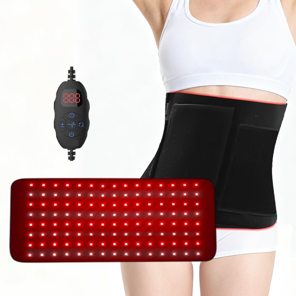 Cinturón de terapia de luz roja con 120 ledes, 5 niveles de vibración, masaje con modo de pulso de 10 Hz, terapia de luz infrarroja para el dolor de espalda, hombros y cintura