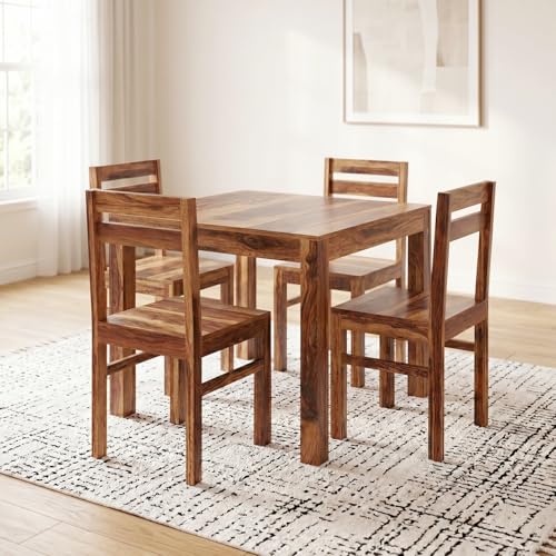 Image of Amazon Brand - Solimo Solid Sheesham Wood Rosyth 4 Seater Dining Set with 4 Chairs | Durable Wooden Furniture for Restaurants, Dining Room, Living Room, Hotels and Home (Natural Finish)