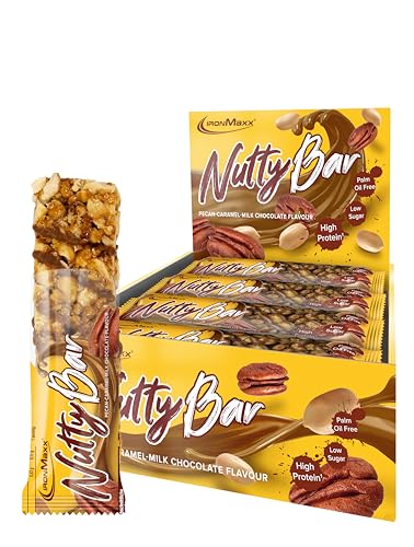 IronMaxx Nutty Bar - Pecan Caramel Milk Chocolate 12x40g Riegel | Protein-Nussriegel mit echten ganzen Nüssen | Glutenfrei und ohne Palmöl
