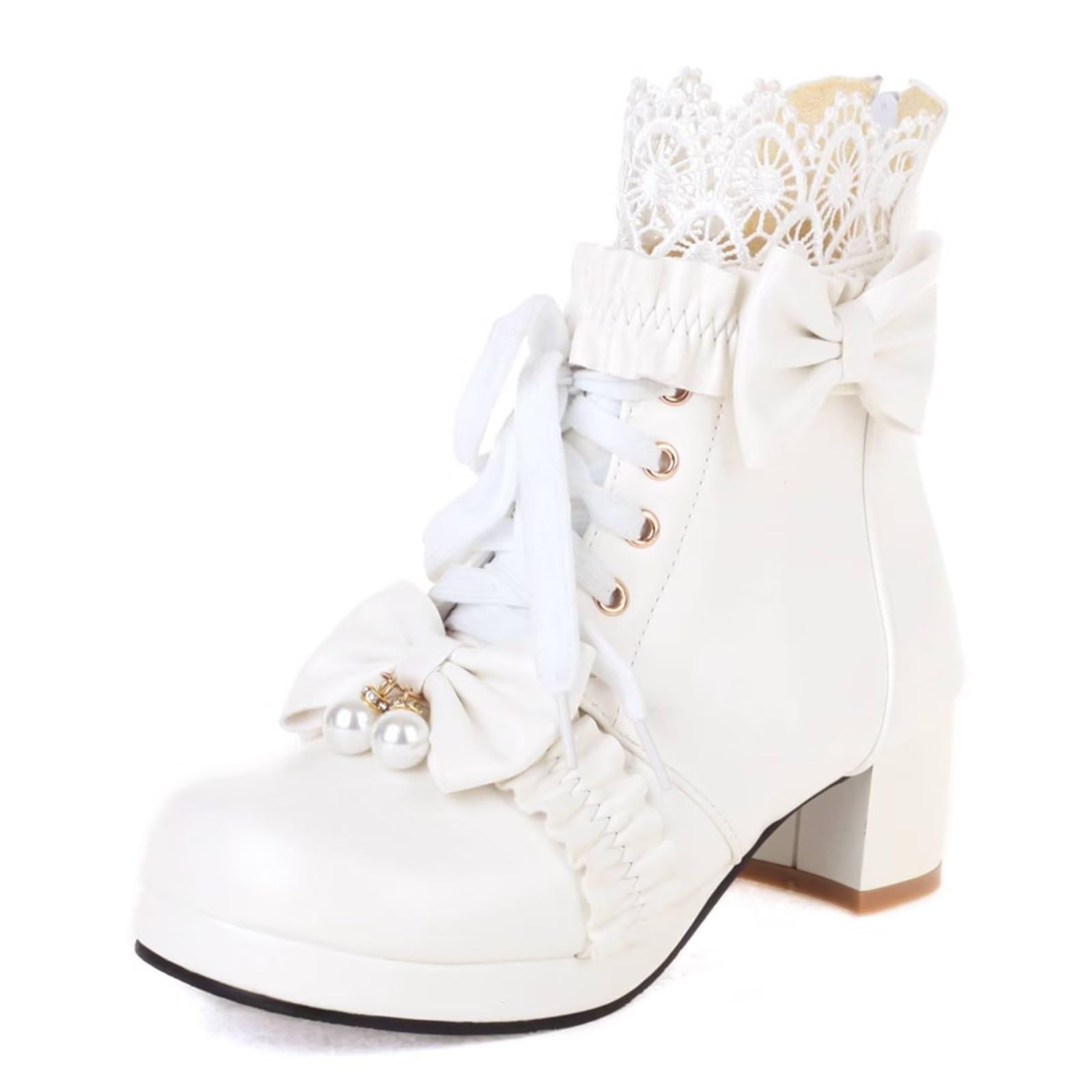 MEOTINAWomen Platform Boots Chunky Heel Lace Lolita Ankle Boots Zipper Bow Cosplay Booties Cute Kawaii Shoes