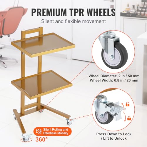 Image of VEVOR Multifunctional 2 Tiers Foldable Medical Trolley Carton Wheels, Gold 2-Level Mobile Storage Tray Cart, Stainless Steel Rolling Lab Cart for Dental Tools, Cavitation Machine, Salon, Lab, Clinic