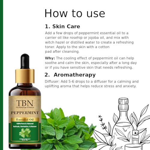 Image of TBN 100% Pure and Natural Peppermint Essential Oil For Skin & Hair, Steaming, Diffuser & Aromatherapy - Soothing Relief | Peppermint Aroma Oil for Home Fragrance | Helps in meditation - 15ML
