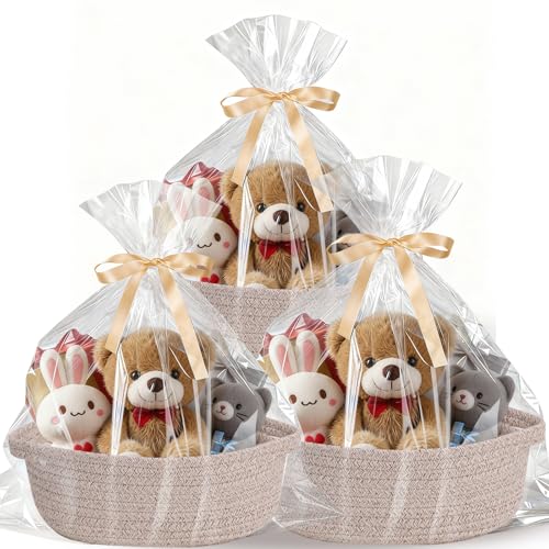 Image of Small Basket with Gift Bags and Ribbons,Small Woven Basket Cute Oval Cotton Rope Gifts with Handle Empty Baby Wicker Storage Basket for Baby Showers Pet Toy Bin (Brown, 3 Pack (12 inchx 8 inchx 3.74 inch))
