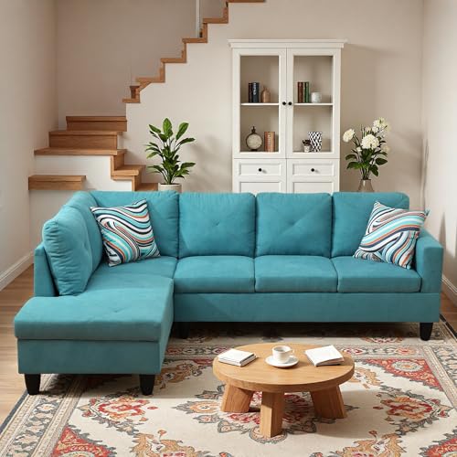 Image of L-Shaped Sectional Sofa, Modern 4-Seat Couch with Left Facing Chaise, Sectional Couch for Living Room, Apartment, Office, Blue