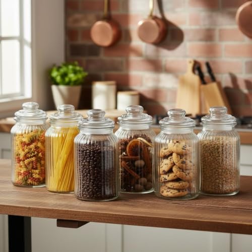 Image of STAR WORK 1500ml Airtight Glass Jar for Kitchen Storage, Clear Ribbed Glass Canister with Lid for Coffee Beans Sugar Tea Cookies Dry Food, Reusable Pantry Container (4)