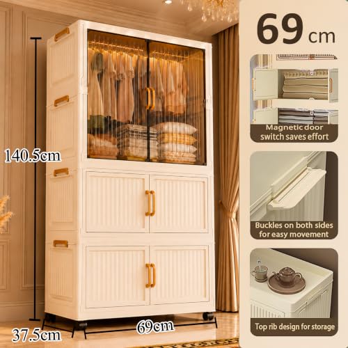 Image of AYSIS Plastic Wardrobe for Clothes | ๐ ๐๐๐๐๐ Foldable Storage Cabinet with Hanging Space, Transparent Magnetic Doors, Dustproof Portable Closet Organizer for Clothes /Kitchen /Books /Toy - White