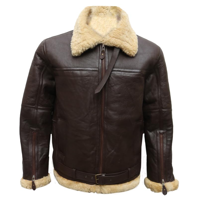 Men's Real Sheepskin Shearling Bomber Jacket – Vintage Aviator Flight Leather Jacket with Fur Collar & Belt2