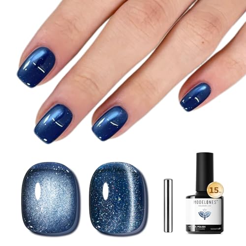 Image of modelones Cat Eye Gel Nail Polish,Blue Glass Nail Polish Sparkle Reflective Glitter Polish Spring Deep Navy Blue Translucent U V Magnet Soak Off LED Nail Art Gel Top Coat DIY Salon 15 ML
