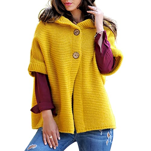 Womens Sweater Cardigan Plus Size Chunky Short Sleeve Solid Color Button Plain Knitted Tops Hood Loose Open-Front Knitting Knitwear(A Yellow,3XL)