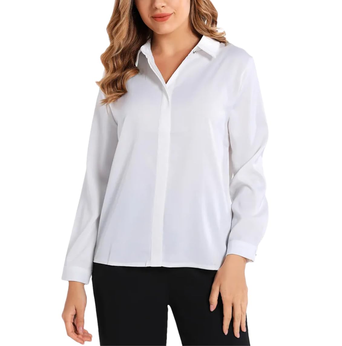 Blusas de satén para mujer, cuello en V, color liso, camisas de manga larga blancas