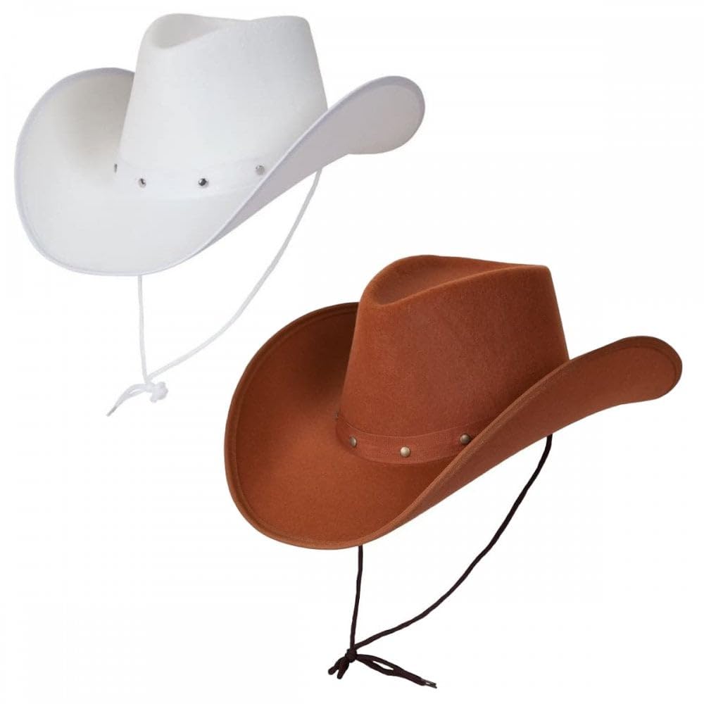 Titch & Timbo Adult Texan Cowboy Hat 2 Pack (Multiple Options) : Fancy Dress Party Accessory Country Western Rancher Wild West Music Festival (Classic Texan, Brown,White)