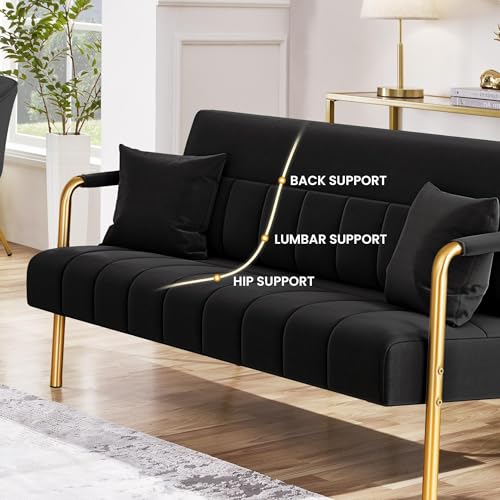 Yaheetech 2 Seater Modern Sofa Velvet Fabric Loveseat with Gold-tone Metal Arms and Legs for Bedroom, Home Office, Studio, Living Room Furniture Black - Image 5