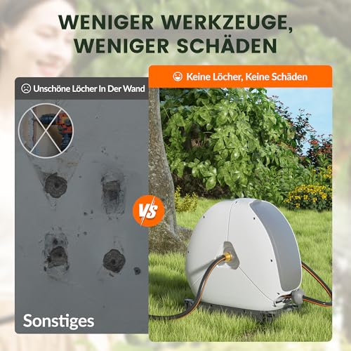 Giraffe Tools Ausziehbare Schlauchtrommel mit 25 m, robuste Bodenmontage, Gartenschlauchtrommel, mit 7-Funktions-Sprühdüse und 360° flexiblem Drehsockel