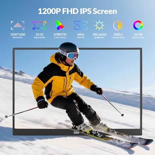 Image of LR Portable Monitor, 16 inch 1200P FHD IPS Display 16:10, 1500:1 Contrast, USB-C&Mini HDMI Travel Monitor with Built-in Stand, Second Screen for Laptop /PC /Mac /Phone /Switch /Xbox /PS4 /5, Vesa Mountable
