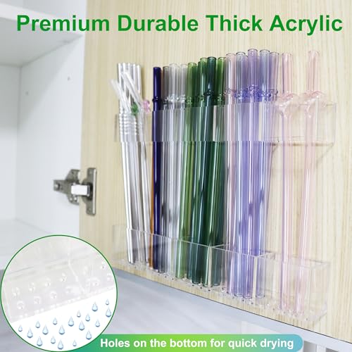 Acrylic Straw Holder for Cabinet Door 9.5”- Transparent Reusable Tumbler Straw Organizer Storage, Clear Small Kitchen Organization Accessories Container Rack, Ultra Sticky Cupboard Door Mounted - Thumbnail 4