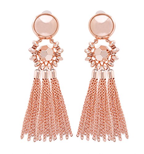 Bohemian Tassel Chandelier Dangle Earring For Women Clip On Earrings Long Drop Statement Earrings (rose gold)