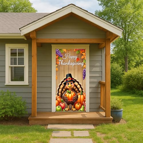 Image of Thanksgiving Turkey Pilgrim Pumpkin Door Cover 35x70in Fall Xmas