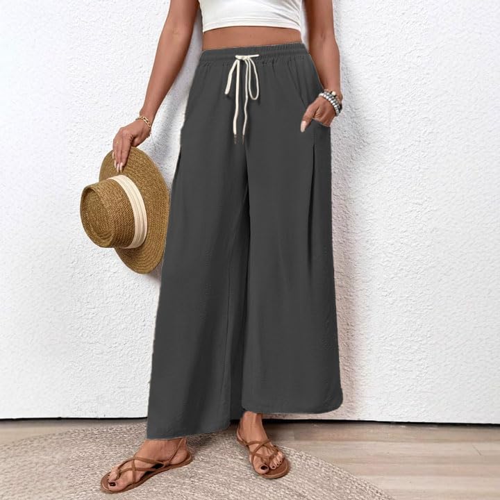 Womens Wide Leg Pants Flowy Stretch Drawstring High Waisted Summer Lounge Palazzo Trousers with Pockets3