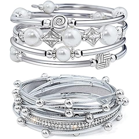 Gleamart Pearl 2 Pieces Bohemian Wrap Bracelet Set Multilayer Bangles With Beads for Women Cover