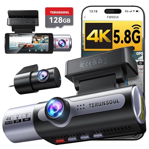 TERUNSOUl 4K Dash Cam Front and Rear, Full HD 3 Channel Dashcam, Free 128GB MicroSD Card, Built-in 5.8GHz WiFi Built-in GPS, Collision Sensor, Night Vision, HDR, 3.16' IPS, 24H Parking Mode（Black）