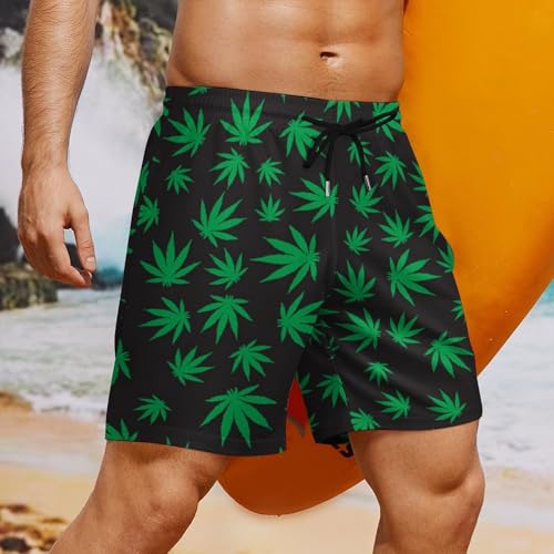 Marijuana Leaf Men's Beach Shorts with Compression Lining, Quick Dry Stretch Swimsuit 7