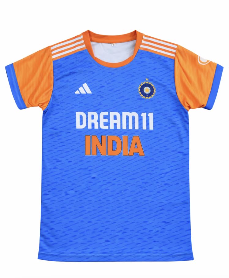 India Cricket Team Jersey, Blue and Orange, Fan Shirt, Short Sleeve, Breathable Sports Top (UK, Alpha, XL, Regular, Regular)