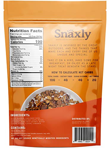 Snaxly - Keto Cinnamon Crunch Nut Granola Breakfast Cereal - 2g Net Carbs - Gluten & Grain Free - Low Carb Snacks & Food - No Added Sugar - Healthy Nuts - Almonds, Pecans, Coconut, Pepitas (11 oz)