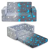 IFNOW Toddler Chair Folding, Kids Couch 2 in 1, Glow in The Dark Open Sofa - Extra Soft 2 Seats, Grey Blue