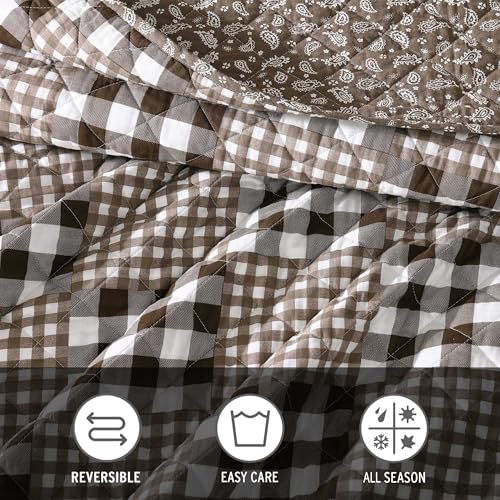 Image of Eddie Bauer - Full /Queen Quilt Set, Reversible Bedding with Matching Shams, Patchwork Luxurious Bedding Set (Gingham Patchwork Brown, Full /Queen)