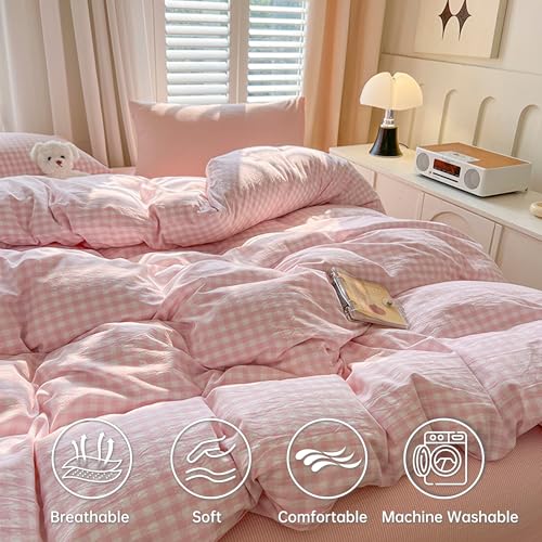 Image of BOLINLIVING Gingham Duvet Cover Twin Size, 2PCS Pink White Checkered Plaid Duvet Cover Set, Microfiber Bedding Set for All Season with Zipper Closure and Corner Ties