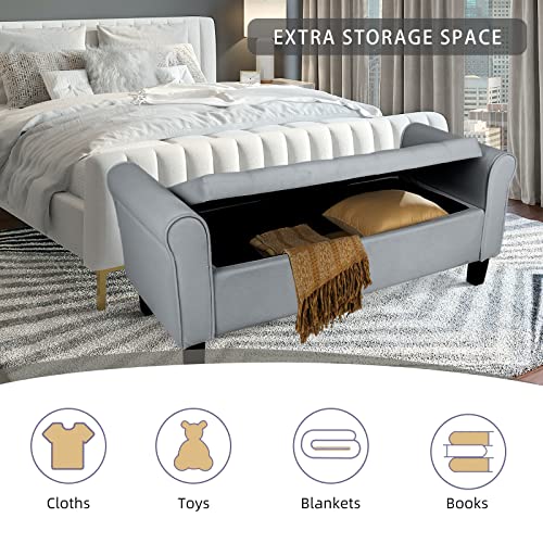 Storage Ottoman Bench with Arms, Velvet End of Bed Bench for Bedroom, Button Tufted Storage Bench for Entryway, Living Room,Hallway, Large Storage Bench Foot Rest (Dark Grey)