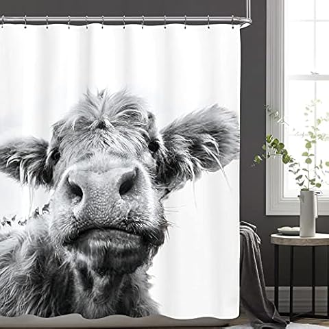 LIGHTINHOME Highland Cow Bull Shower Curtain Western Country Farm Animal 60Wx72H Wildlife Funny Portrait Sketch Fabric Waterproof Bathroom Home Decor Set 12 Plastic Hooks Cover