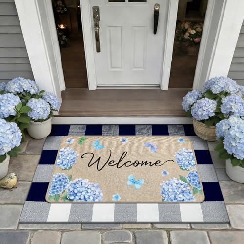 Lyrow 2 Pcs Spring Hydrangea Welcome Doormat and Blue & White Plaid Door Mat Anti-Slip Welcome Floor Mat for Front Door Porch Entryway in/Outdoor Home Entrance Decor 29 x 17 Inches/ 24 x 35 Inches