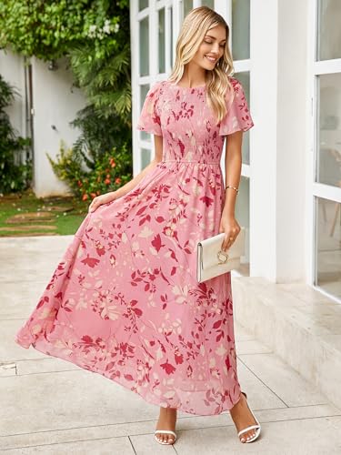 Image of Simplee Womens Casual Floral Summer Maxi Dress 2026 Boho Flowy Short Sleeve Crew Neck Vacation Smocked Chiffon Dresses