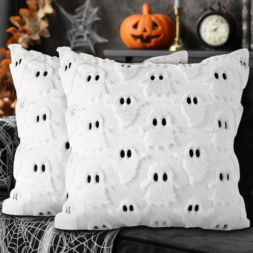 Lanpn 20x20 Halloween Ghost Throw Pillow Covers Set of 2, Cute Two Eyed Ghost Throw Pillow Cases Soft Plush 50 x 50 cm Cushion Cover for Indoor Home Bedroom Couch Sofa Decor (Style A, White) by Lanpn - Used condition - CA$17.79