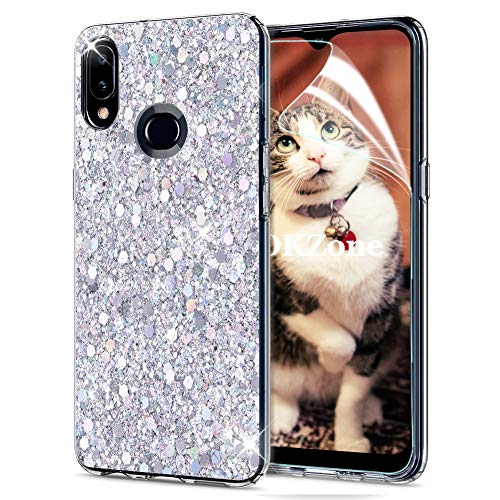 OKZone Funda para Samsung Galaxy A10S Carcasa Purpurina [con Protector Pantalla], Cárcasa Brilla Glitter Brillante TPU Silicona Teléfono Smartphone Funda Móvil Case (Plata)
