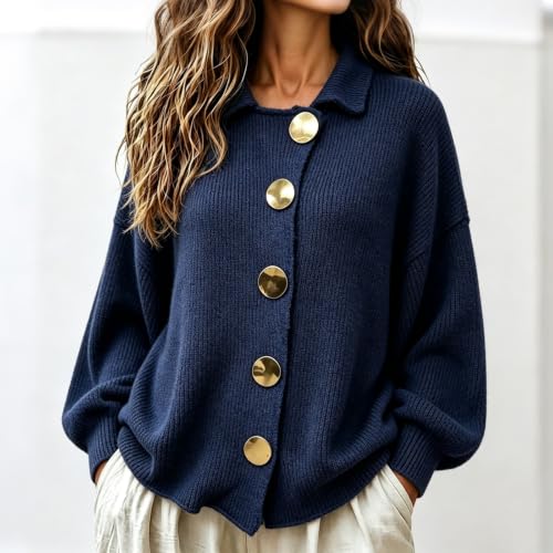 Womens Collared Knit Cardigan Sweater, Oversized Big Button Sweater Coat - image 2