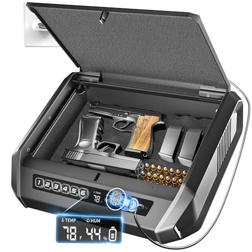 Gun Safe with LCD Display, ≤0.1s Quick Access Handgun Safe for 2-4 Pistols, Hand Gun Lock Box with Fingerprint | Keypad | and Keys (Rechargeable Batteries)