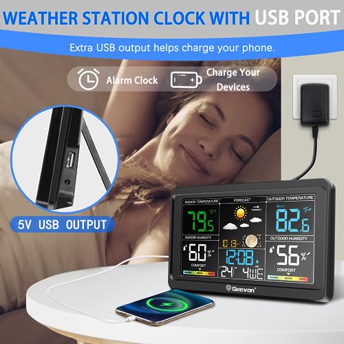 Geevon Weather Stations Wireless Indoor Outdoor Thermometer, Color VA Display Digital Weather Thermometer, Temperature Humidity Monitor with Barometer, Calendar, and Adjustable Backlight