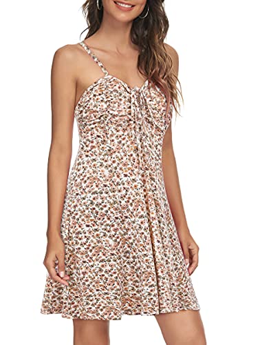 Image of Missufe Spaghetti Strap Floral Mini Dress Women's Casual Ruched Front Drawstring Swing Sundress