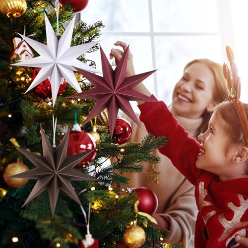 Image of SUNBEAUTY 3 Pcs 9-Pointed Brown Burgundy White Paper Star Lanterns 12 Inch Christmas Hanging Lamp Rustic Paper Decorations Shade Wedding Birthday Christmas Home Party Decorations