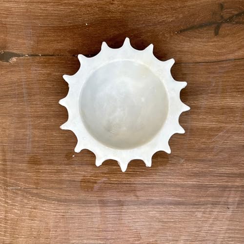 Image of Marble Urli Bowl for Decoration | Big Potpourri Decorative Bowls in Home decor | Large White Floating Flower Plates of Stone | Small Shape puja Item | (6 inch, Sunburst)