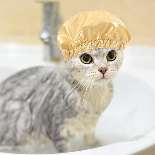 Miniatura 6 de LOGOFUN Gorro de ducha para mascotas, sombrero envolvente para la cabeza de gato, cubierta reutilizable para orejas de baño con correa ajustable,