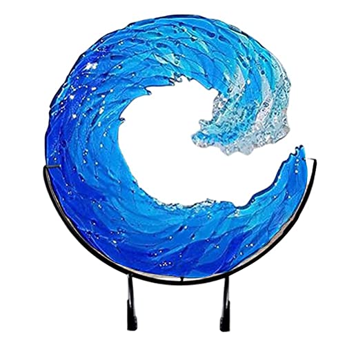 Ocean Fused Glass Sculpture,Desktop Blue Sculpture Ornament,Creative Gradient Blue Ornament with Stand for Home Décor - Image 2