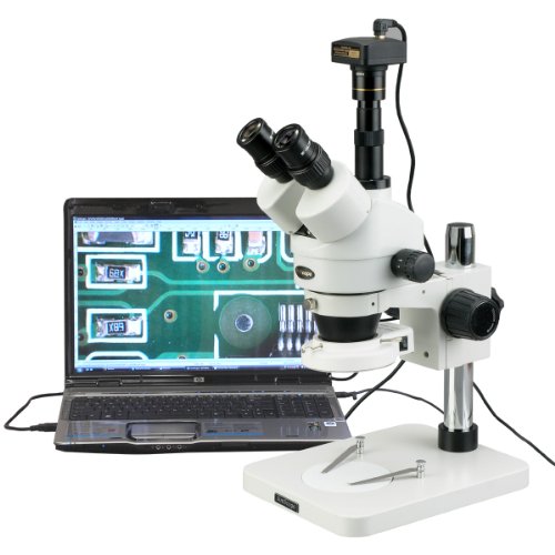 Image of AmScope SM-1TS-144S Professional Trinocular Stereo Zoom Microscope, WH10x Eyepieces, 7X-45X Magnification, 0.7X-4.5X Zoom Objective, 144-Bulb LED Ring Light, Pillar Stand, 110V-240V