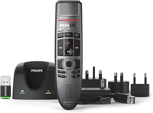 PHILIPS SMP4000/00 SpeechMike Premium Air Micrófono de dictado inalámbrico con diseño de botón pulsador y receptor inalámbrico AirBridge ACC4100/00