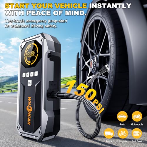 Arrancador de Coches 8000A Compresor de Aire 150PSI Arrancadores de Bateria de Coche 12V (hasta 12L de diésel o All de Gasolina) Jump Starter con Lumen LED Clips de Seguridad Inteligentes Carga Rápida - imagen 4